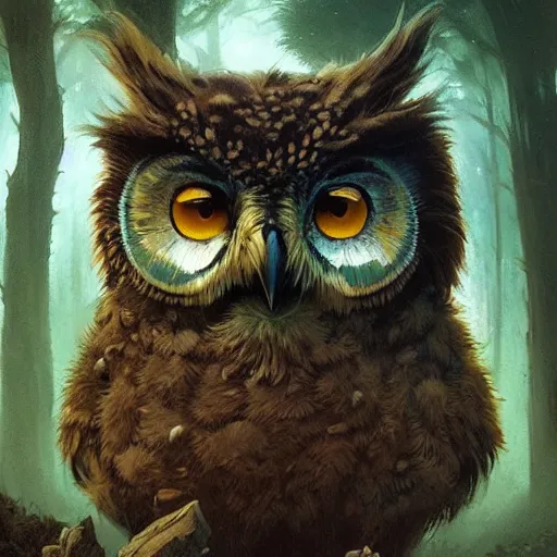 Image similar to three quarter portrait of an owlbear in the forest, d & d, fantasy, greg rutkowski, frank frazetta, alexandre chaudret, boris vallejo, michael whelan, miro petrov, hr giger, magali villeneuve, donato giancola