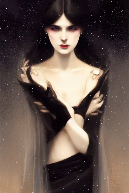 Image similar to Nocturne, glowing, stars, a long-legged elegant evil woman, long black hair, pearl amulet, highly detailed, mysterious, ethereal, dressed in black velvet, haute couture, illustration, dramatic lighting, soft details, painting, by Edmund Blair Leighton, Brom, Charlie Bowater, trending on artstation, faces by otto schmidt