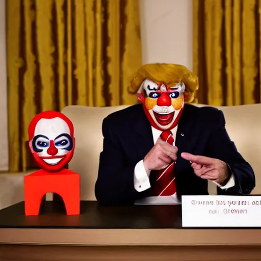 Prompt: photo of a president with clown face giving a speech in television