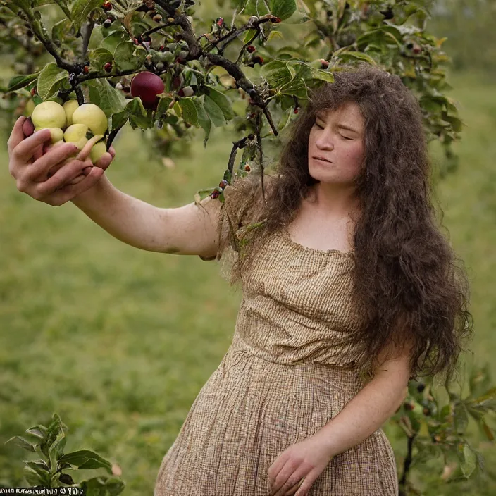 Image similar to a closeup portrait of a woman wearing a dress made of sponges and human hair, picking apples from a tree in an orchard, foggy, moody, photograph, by vincent desiderio, canon eos c 3 0 0, ƒ 1. 8, 3 5 mm, 8 k, medium - format print