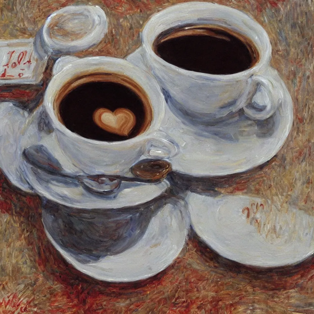 Image similar to a beautiful painting of a close up cup of coffee that says I Love You in the style of Monet