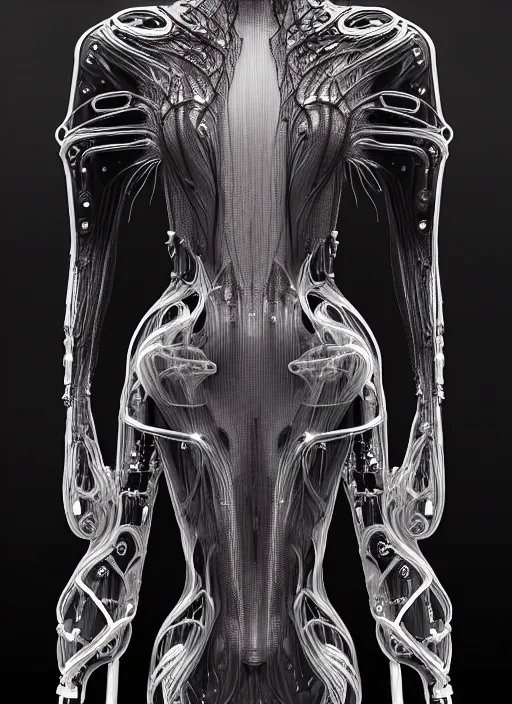 Image similar to iris van herpen gothic inflateble dark dress, perfect symmetrical body, helmet on face, full body shot, inflateble shapes, wires, tubes, veins, jellyfish, white biomechanical details, wearing epic bionic cyborg implants, masterpiece, intricate, biopunk, vogue, highly detailed, artstation, concept art, cyberpunk, octane render