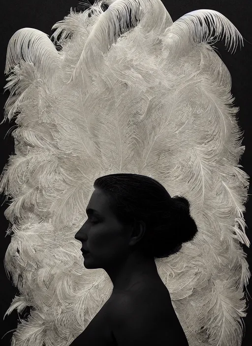 Image similar to a woman's face in profile, made of elaborate swan feathers, in the style of the Dutch masters and Gregory Crewdson, dark and moody