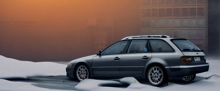 Image similar to Audi A4 B6 Avant (2002), a gritty neo-noir, dramatic lighting, cinematic, eerie person, death, homicide, homicide in the snow, viscera splattered all over the car, gunshots, establishing shot, extremely high detail, photorealistic, arson, burning city, cinematic lighting, artstation, by simon stalenhag, Max Payne (PC) (2001) winter New York at night, In the style of Max Payne 1 graphic novel, flashing lights, Poets of the Fall - Late Goodbye