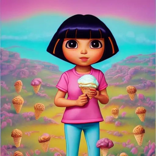 Image similar to dora the explorer as real girl holding ice cream, detailed, intricate complex background, Pop Surrealism lowbrow art style, mute colors, soft lighting, by Mark Ryden, artstation cgsociety