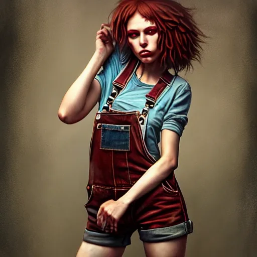 Image similar to full body pose, grungy alice, torn overalls, short shorts, combat boots, fishnets, beautiful, highly detailed face, true anatomy!, extremely detailed!, digital painting, unreal engine 5, art by tom bagshaw