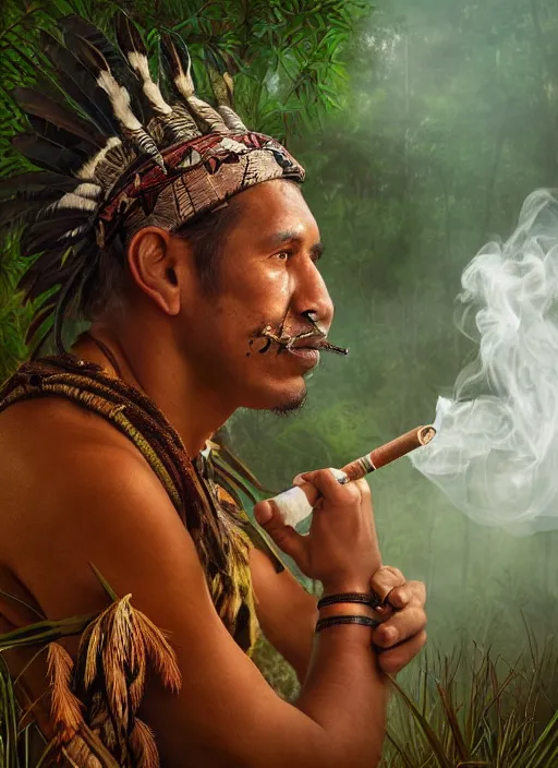 Image similar to a beautiful portrait of an indigenous man sitting in the jungle, surrounded by smoke, smoking a pipe, praying with tobacco, mysterious atmosphere, fantasy art, matte painting, highly detailed