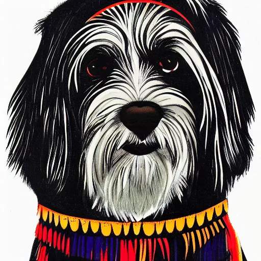 Image similar to tlingit haida lithograph, portrait of havanese dog, simplified forms, multiple colors, print by tristan - wolf reg davidson clifton guthrie maynard johnny jr.