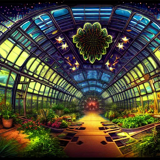 Prompt: a cinematic view of the inside of a fractal combustion engine, large indoor greenhouse with exotic plants, retrofuturism, scifi art, oil on canvas, biodome, stars in the sky above, details, hyper - detailed, hd, hdr, 4 k, 8 k
