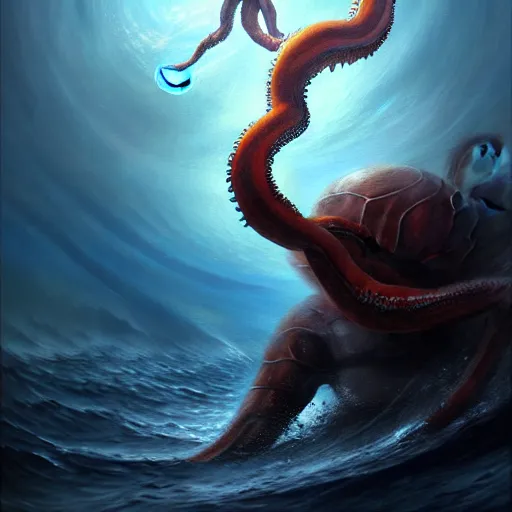 Image similar to a dream fantasy painting of a a man fighting a giant octopus in the deep of the ocean, by beksinki, giger, greg rutkowski, carne griffith trending on artstation, deviantart, photorealism