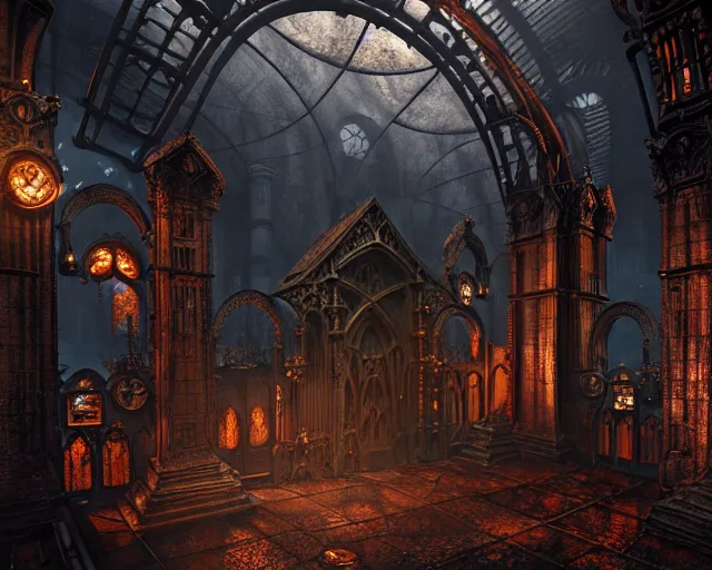 Image similar to steam necropolis, memento mori, gothic, neo - gothic, art nouveau, hyperdetailed copper patina medieval icon, stefan morrell, philippe druillet, ralph mcquarrie, concept art, steampunk, unreal engine, detailed intricate environment, octane render, moody atmospherics, volumetric lighting, ultrasharp, ominous, otherworldly