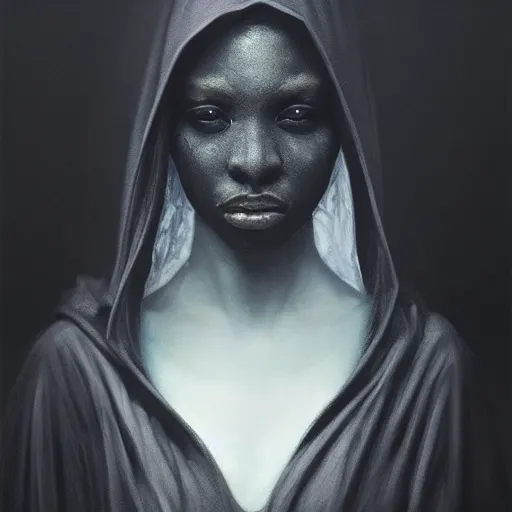 Image similar to a portrait of a young black woman wearing a long dark cloak, hood and shadows covering face, anatomically correct, beautiful perfect face, enigmatic, oil painting, matte painting, black background, Volumetric dynamic lighting, Highly Detailed, Cinematic Lighting, Unreal Engine, 8k, HD, by Beksinski