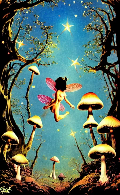 Image similar to stars in the sky fairies flying into an enchanted forest mushrooms on the ground psychedelic wide angle shot white background vector art illustration by frank frazetta