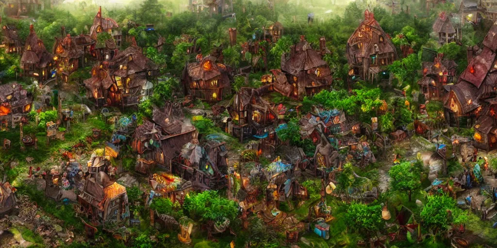 Prompt: Fantasy village, !!built on PC motherboard!!, trees, green plants, broken parts, wooden houses, mold, tiny villagers, !PC hardware!, high quality, trending on artstation, highly detailed