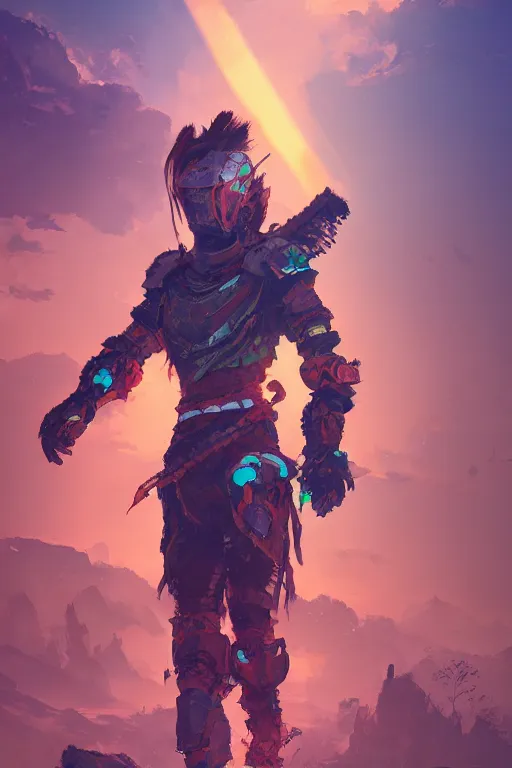 Image similar to combination suit armor aloy horizon forbidden west horizon zero dawn radiating a glowing aura global illumination ray tracing hdr fanart arstation by ian pesty and alena aenami artworks in 4 k tribal robot ninja mask helmet backpack