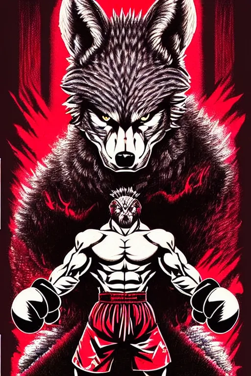 Image similar to extreme long shot. 8 bit nes graphics. antropomorphic muscular masculine wolf. kickboxer fighter, in shorts. wolf head. angry. fine details, very sharp, art from nes game cartridge, 8 0's, vhs artefacts, vaporwave style, marc simonetti and hermann nitsch and anish kapoor.