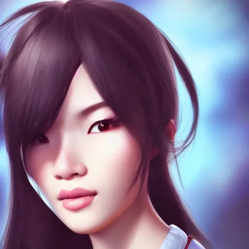 Image similar to the most beautiful asian woman in the world, in the style of julia razumova, happy expression, cute, unreal engine, octane rendering, 8 k, closeup headshot, smooth, trending on artstation, digital illustration, black hair