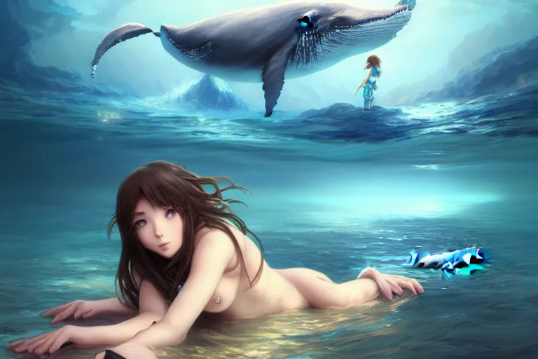 Image similar to a panorama distant view under the water, underwater world, anime art full body portrait character concept art, hyper detailed cg rendering of a cute girl and whale, elegant, highly detailed, digital painting, artstation, concept art, smooth, sharp focus, illustration, art by artgerm and greg rutkowski and alphonse mucha, 8 k
