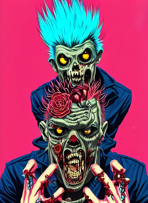 Image similar to a zombie punk rocker with a mohawk playing electric guitar, tristan eaton, victo ngai, artgerm, rhads, ross draws