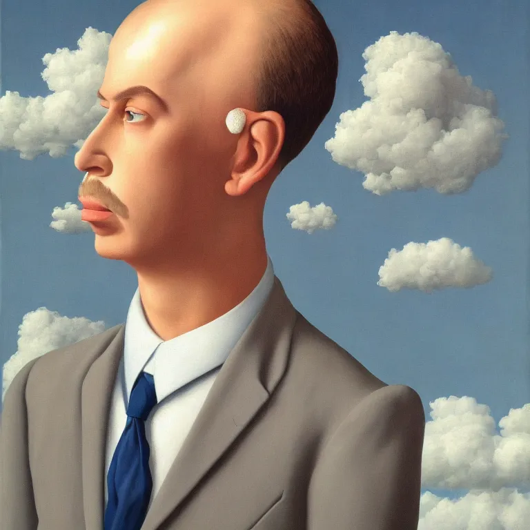 Image similar to portrait of a man made out of clouds in a suit, by rene magritte, detailed painting, hd, hq, high resolution, high detail, 4 k, 8 k