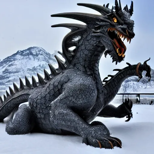 Image similar to a fearsome and beautiful western dragon sitting in the snow with a powerful stature, 8k, detailed, award winning