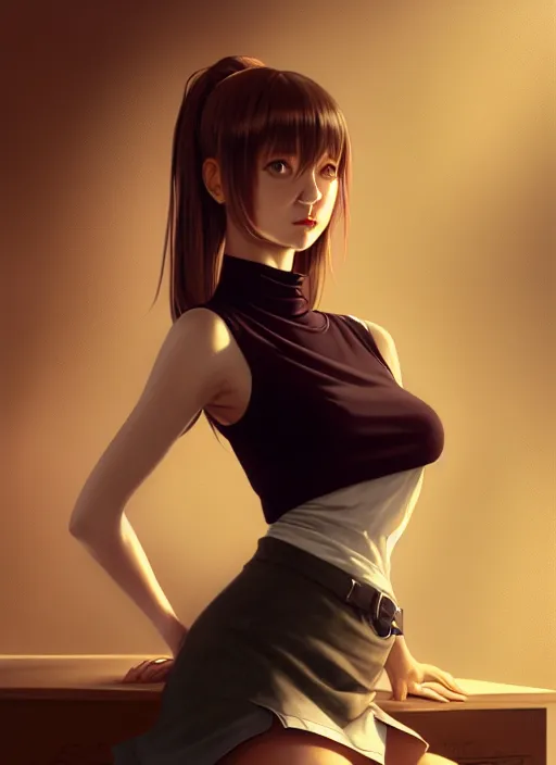 Prompt: portrait of a full body of beautiful young female secretary, d & d, sleeveless turtleneck, pencil skirt, fantasy, flat lighting, intricate, highly detailed, digital painting, artstation, concept art, smooth, sharp focus, illustration, misa amane, art by simon bisley and greg rutkowski and alphonse mucha, natural tpose