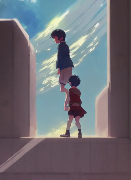 Image similar to boy on ground waving to a pretty girl on the 2 nd floor, illustration concept art anime key visual trending pixiv fanbox by wlop and greg rutkowski and makoto shinkai and studio ghibli