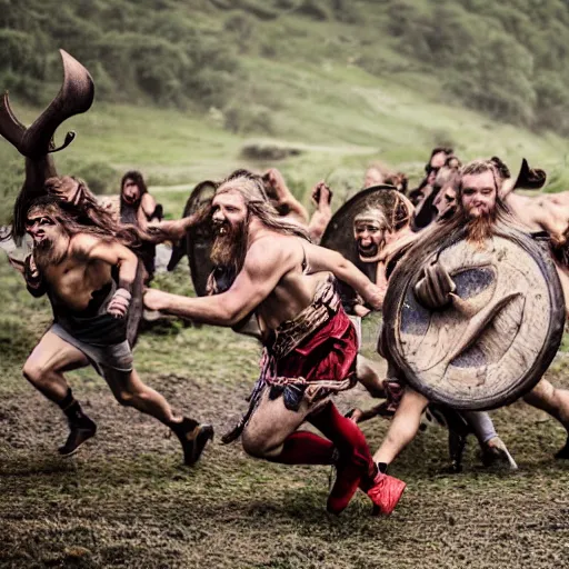 Prompt: Wild Vikings running against the camera