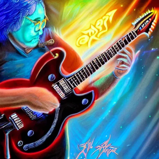 Image similar to a Jerry Garcia guitarist playing so intensely there is electricity shooting out from his guitar, energy beams under his finger tips, and magic sparkles from the freboard, amazing ditial art, trending on artstation, featured on deviantart