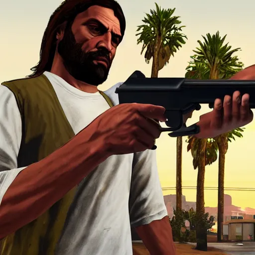 Prompt: jesus in gta v pointing a gun, close face photo, cut scene