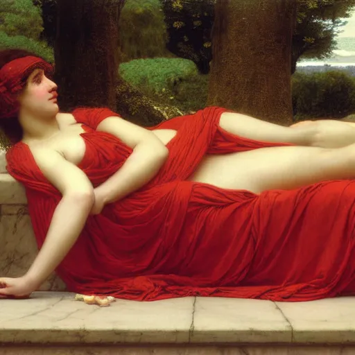 Prompt: john william godward, sir lawrence almda tadema, herbert james draper. beauty reclining outside. 1 8 9 9. trending on artstation