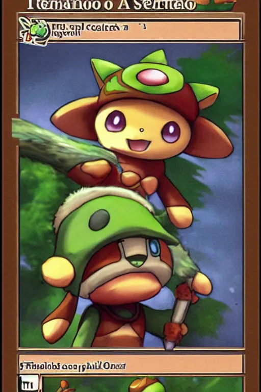 Image similar to teemo, a pokemon trading card of teemo, high detail pokemon trading card scan