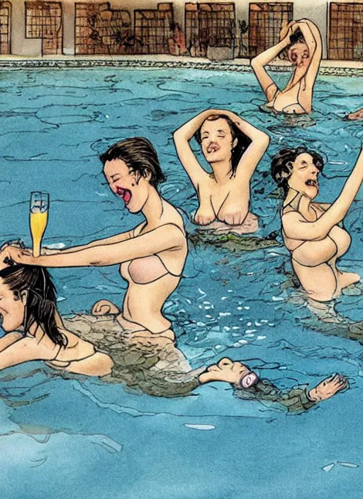 Image similar to girls having fun in the swimming pool, illustration by Milo Manara