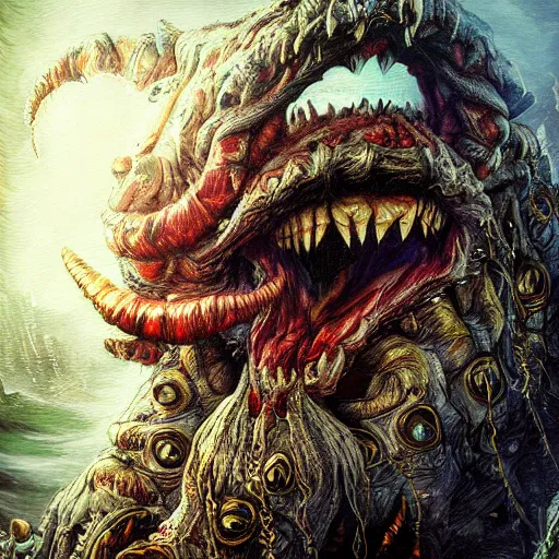 Image similar to terrifying monster Santa full dramatic shot, Lovecraft, oil painting, epic, ultra detailed, intricate