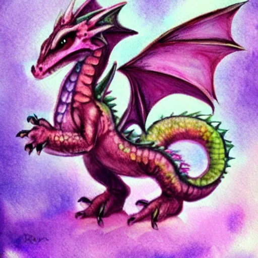 Image similar to adorable baby dragon, the dragon is purple and glittery, fantasy concept art, pastels, ethereal fairytale, watercolor
