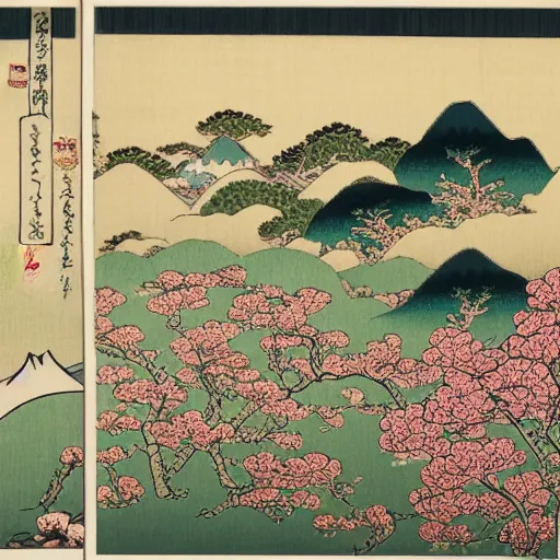 Image similar to countryside with flowers, 8k, ultra detailed, Ukiyo-e style by Katsushika Hokusai