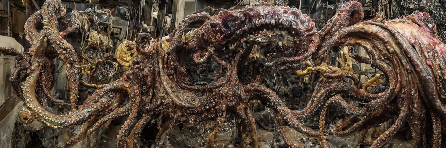 Image similar to low wide angle photo taken of an epic intricate, ultra detailed, super realistic gritty, hero prop, exquisitely painted animatronic movie prop of a wet slimy grotesque nightmarish hellish mutant cephalopod creature displayed in the workshop, created by weta workshop, full body shot, photorealistic, sharp focus
