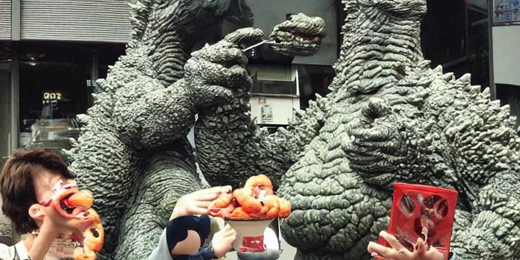 Image similar to godzilla eating donuts, happy friday everyone, funny, happy, silly, funny