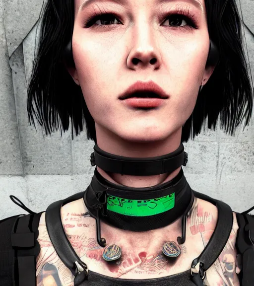 Image similar to detailed realistic female character cyberpunk wearing thick steel collar around neck, realistic, art, beautiful, 4K, collar, choker, collar around neck, punk, artstation, detailed, female, woman, choker, cyberpunk, neon, punk, collar, choker, collar around neck, thick collar, tight around neck, punk, choker