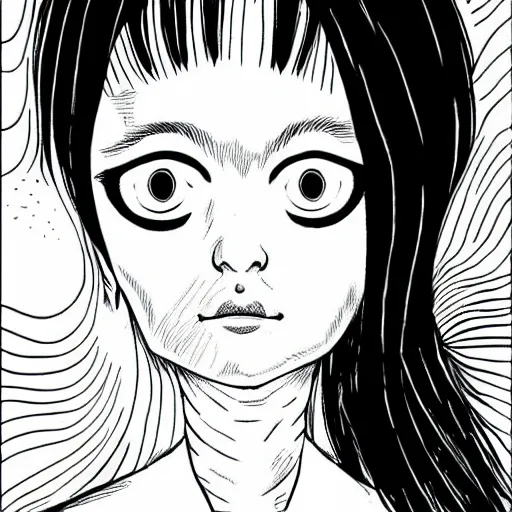 Prompt: a white girl withblack hair by junji ito, colored, realistic