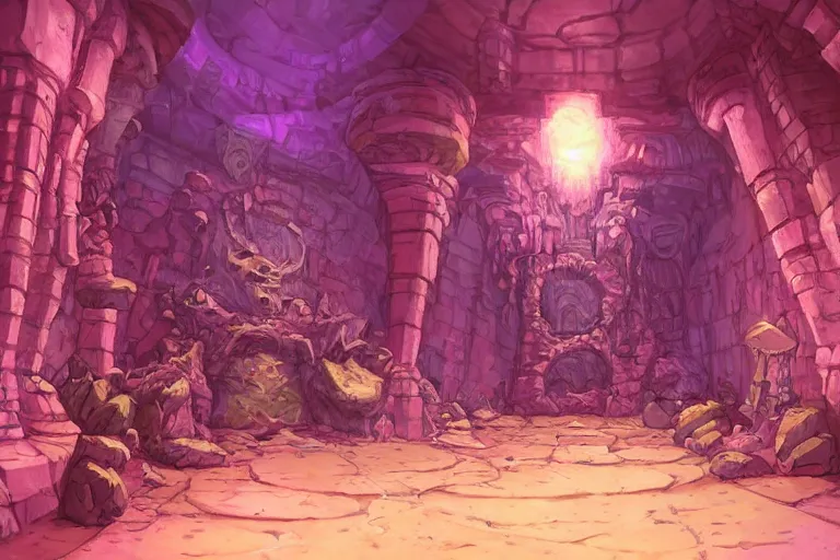 Image similar to point perspective dungeon pink chasm fantasy dungeon You step into the shaggy room. The walls and floor are made out of plasma that kinda smells like portals. A disproportionate pack of eelfolks guards the room. The room also contains a rotund robe.,by artgerm and Craig Mullins, James Jean, Andrey Ryabovichev, Mark Simonetti and Peter Morbacher 16k