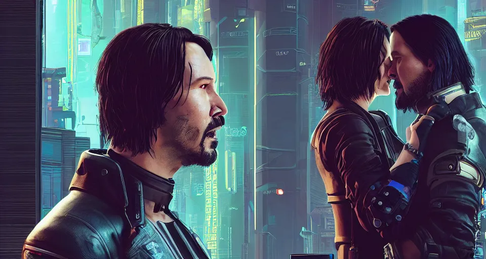 Prompt: a cyberpunk 2077 srcreenshot couple portrait of a Keanu Reeves and a female android in final kiss,love,film lighting,by Laurie Greasley,Lawrence Alma-Tadema,Dan Mumford,John Wick,Speed,Replicas,artstation,deviantart,FAN ART,full of color,Digital painting,face enhance,highly detailed,8K,octane,golden ratio,cinematic lighting