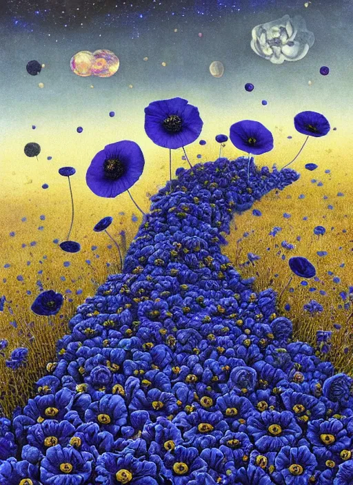 Image similar to detailed, intricate blue black and purple papaverum flower on the field, nebula, galaxy in the sky, winning award masterpiece, fantastically beautiful, illustration, aestheticly inspired, jacek yerka, upscale with anguissola sofonisba work, artstation, 8 k