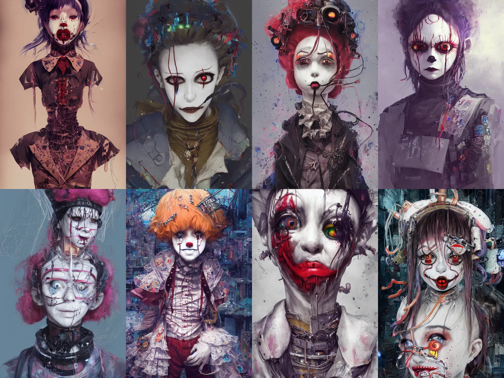 Image similar to by kyoto animation, very creepy clown girl, wearing cyberpunk intricate streetwear, beautiful, detailed portrait, intricate complexity, ilya kuvshinov, cell shaded, 4 k, concept art, by wlop, ilya kuvshinov, artgerm, krenz cushart, greg rutkowski, sharp focus, volumetric lighting, cinematic lighting, studio quality