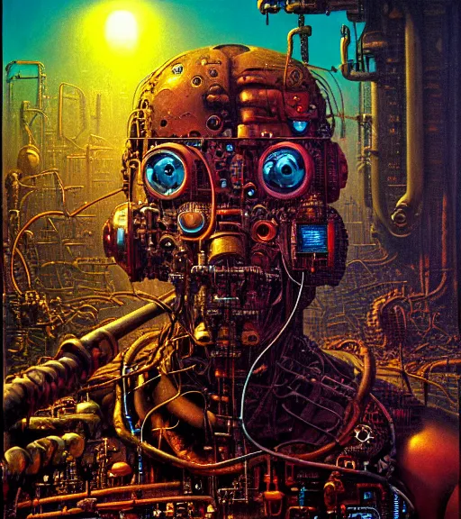 Prompt: portrait of junky men, cybertronic gadgets, flesh with technology, durty colours, night, rotten textures, rusty shapes, biotechnology, dariusz zawadzki, tim hildebrandt, wayne barlow, bruce pennington, larry elmore, oil on canvas, deep depth field, masterpiece, cinematic composition, hyper - detailed, hd, hdr