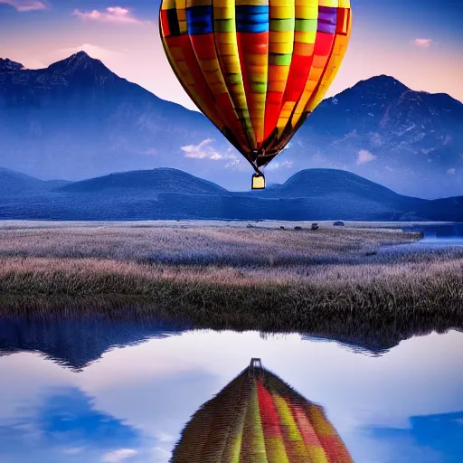 Prompt: Photo of a hot air balloon flying above a reflective mountain lake, beautiful, High resolution photo, intricate, portrait, 8k highly professionally detailed, HDR, CGsociety