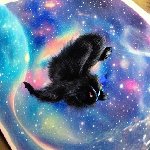 Image similar to black cat is fallling in space. the galaxy in the background, sketch for a tattoo