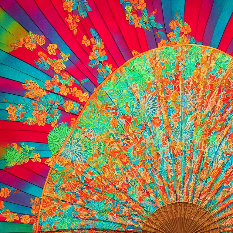 Prompt: japanese pattern, colorful silk fan, digital painting, highly detailed, intricate, elegant, artstation, concept art, colorful, beautiful,