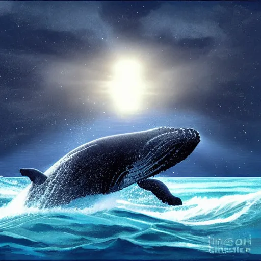 Image similar to a whale peeking above the ocean and wistfully watching a spaceship fly away, sci-fi digital art,