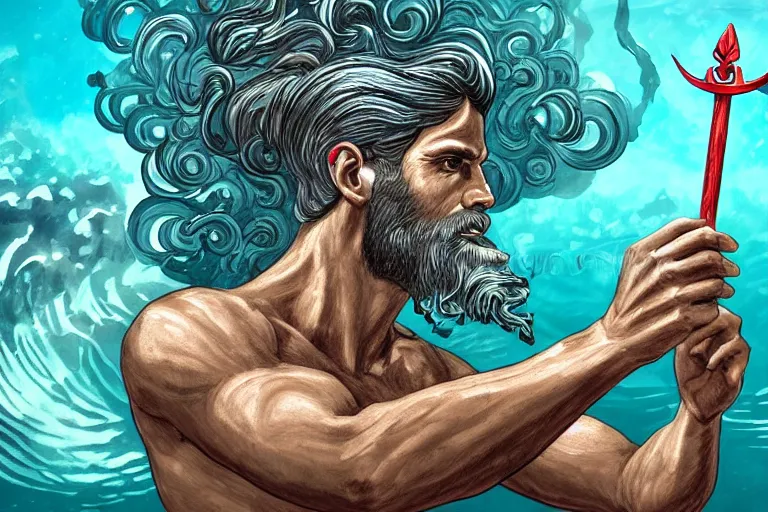 Prompt: high quality 4 k resolution go pro photo of storm god poseidon taking a selfie of himself underwater look king confused holding his trident, illustration by billy butcher, intricate and highly detailed